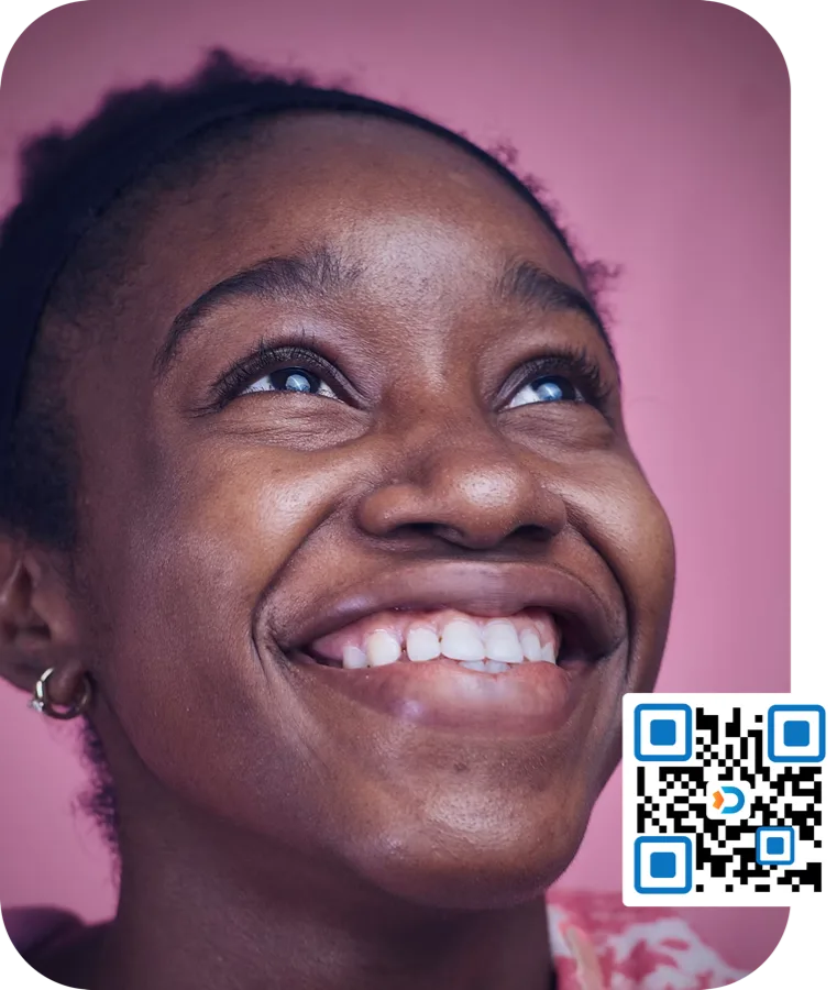 A Deex customer, with a QR code to download the app